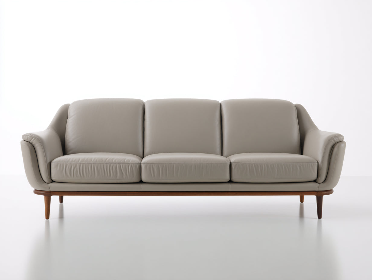 Sofás 3 plazas tapizados efecto piel 235x88x78 cm - gris topo-madera natural - brazos curvados