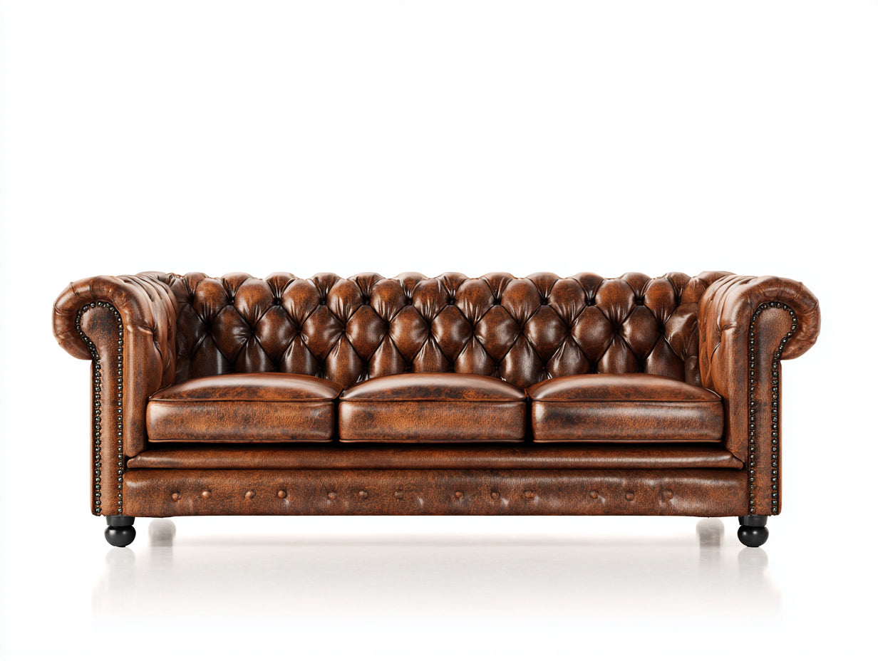 Sofás 3 plazas tapizados efecto cuero 220 x 92 x 78 cm - marrón envejecido - estilo Chesterfield con capitoné y brazos enrollados