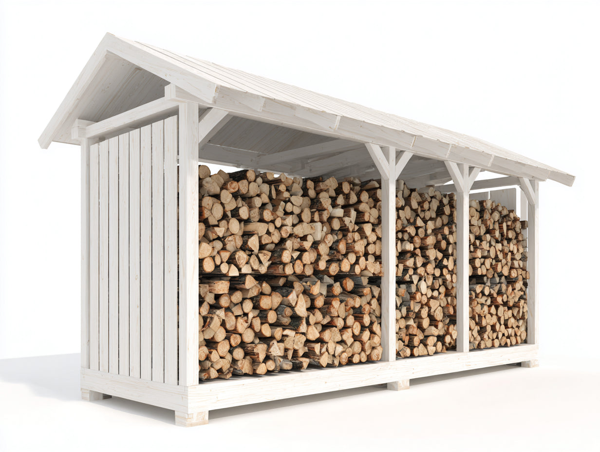 Leñero de jardín de madera 360x110x190 cm - blanco - techo a dos aguas