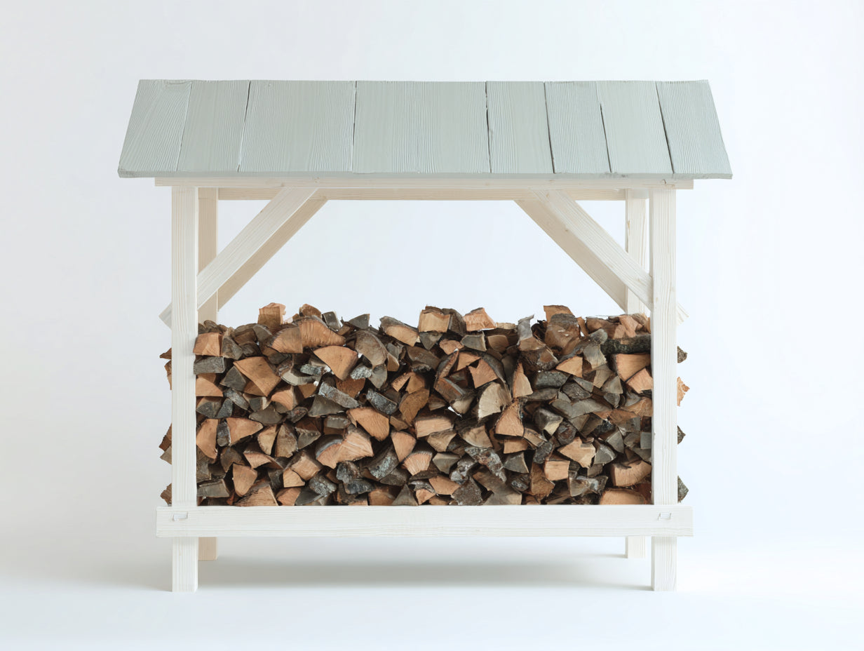 Leñero de jardín de madera con tejado 150x55x150 cm - blanco y gris claro - estilo rústico para exterior