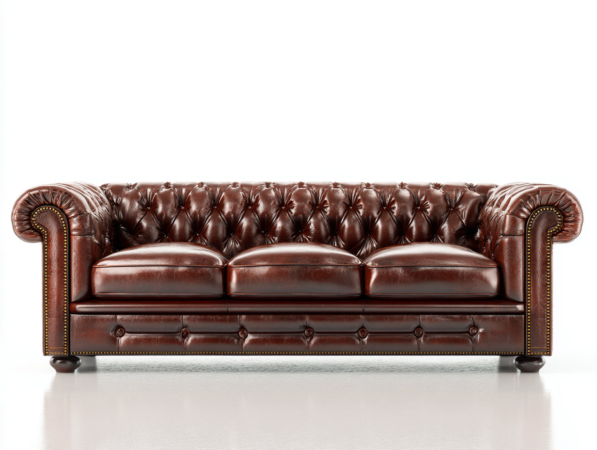 Sofás 3 plazas tapizados efecto piel 230x96x78 cm - marrón caoba-dorado-negro - capitoné clásico