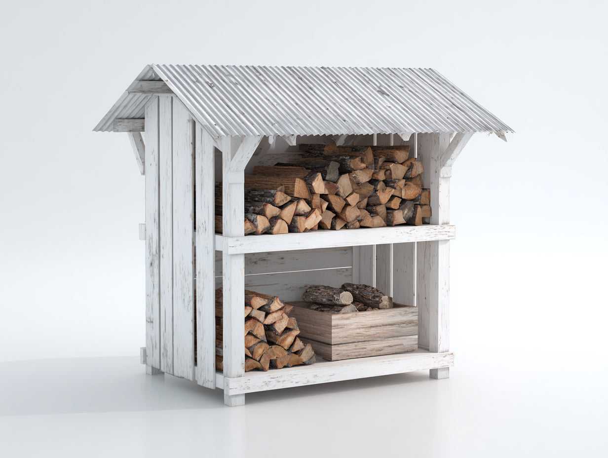 Leñero de jardín de madera con techo metálico 180x70x175 cm - blanco envejecido y gris claro - estilo rústico para exterior