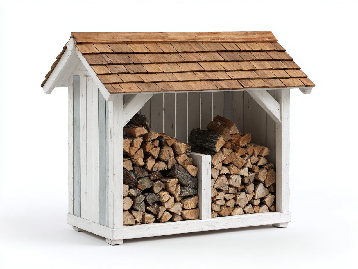 Leñero de jardín de madera 170x75x150 cm - blanco madera natural - tejado a dos aguas para exterior