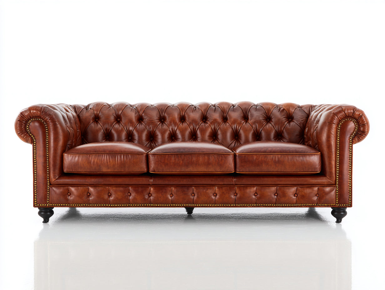 Sofás 3 plazas tapizados efecto cuero 225 x 95 x 80 cm - marrón coñac - estilo Chesterfield con capitoné y brazos enrollados