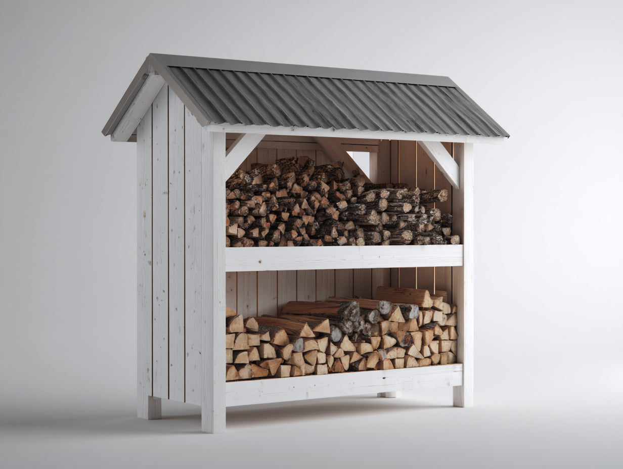 Leñero de jardín de madera 170x75x175 cm - blanco gris madera natural - techo ondulado para exterior