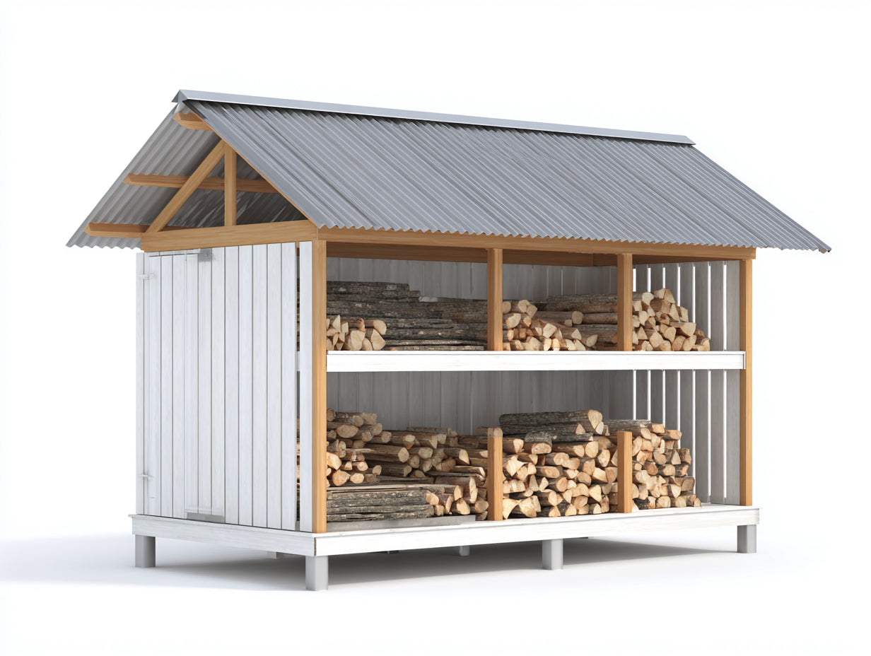 Leñero de jardín de madera 300x120x220 cm - blanco y madera natural - techo metálico gris para exterior