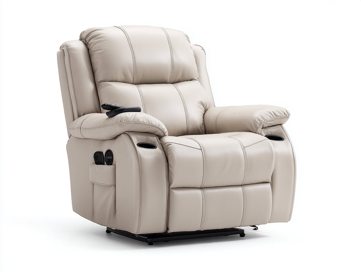 Sillones reclinables de piel sintética 98x100x106 cm - beige claro y negro - diseño acolchado con portavasos para salón