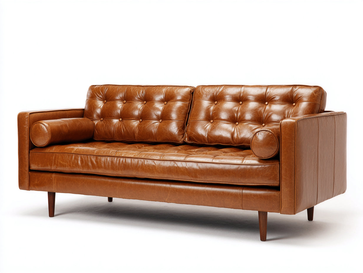 Sofás 3 plazas tapizados efecto piel 210x88x82 cm - marrón coñac - diseño clásico para salón