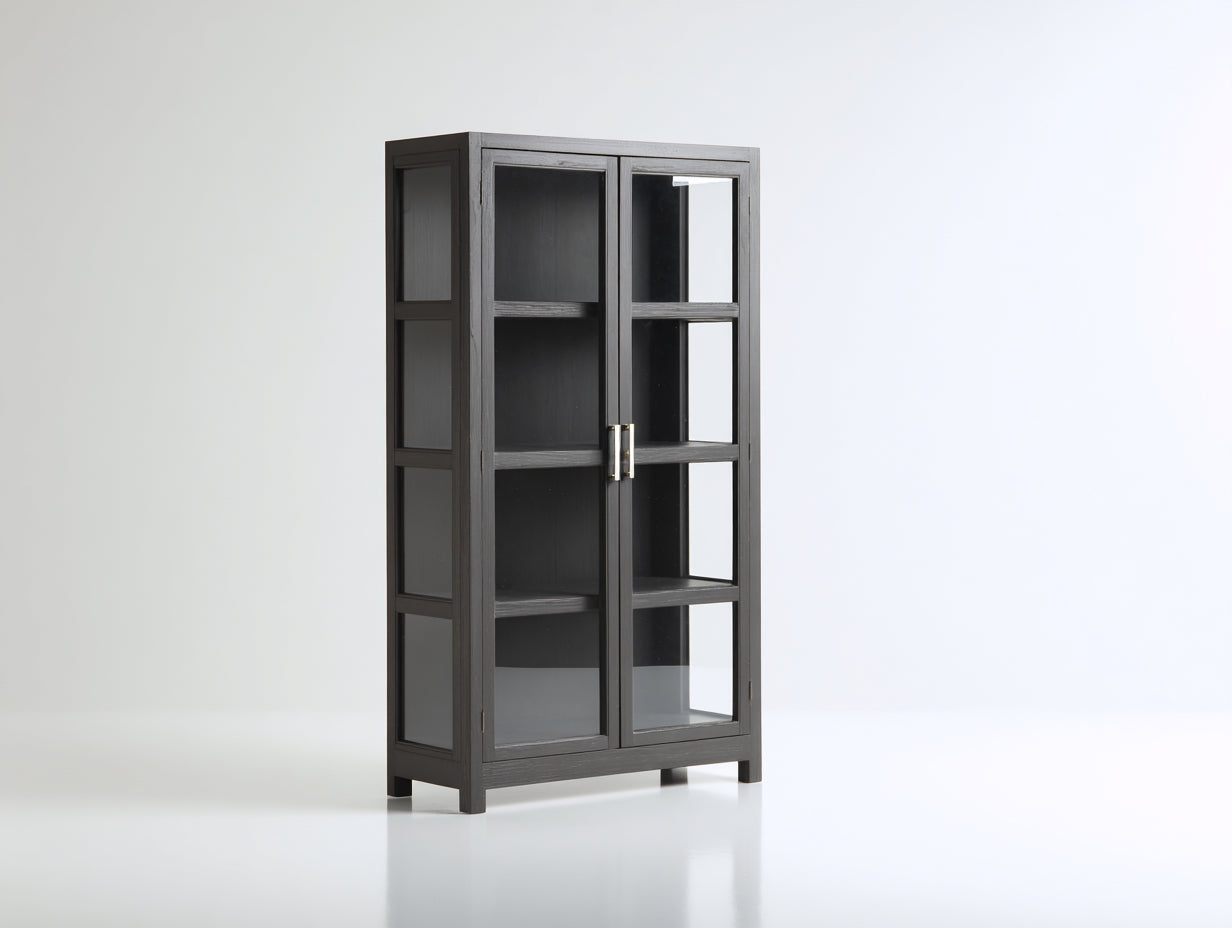 Vitrina de madera de ingeniería y vidrio 85x35x170 cm - gris oscuro - para salón comedor y cocina - diseño moderno con 2 puertas acristaladas