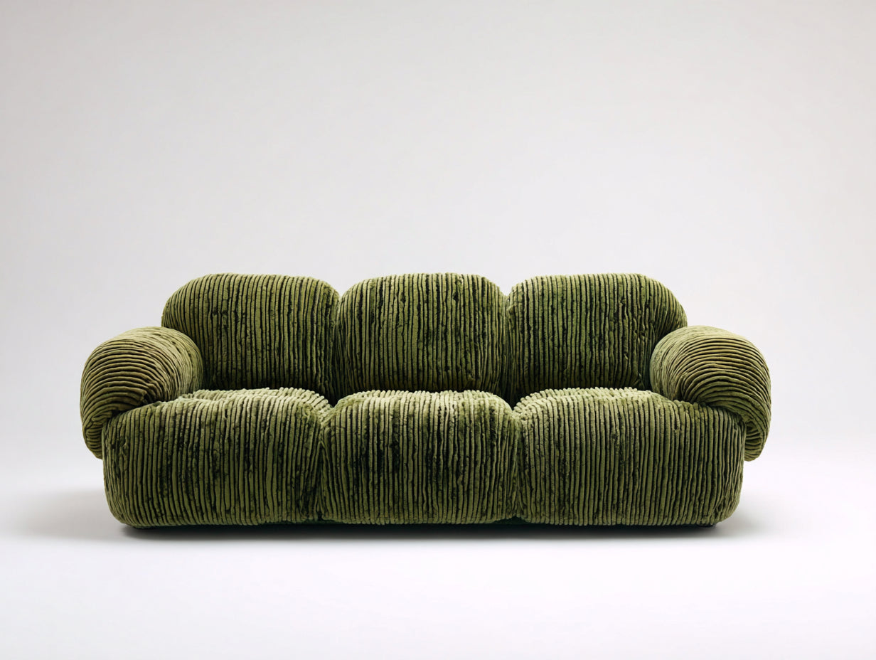 Sofás 3 plazas tapizados en tejido acanalado 210 x 98 x 82 cm - verde oliva - diseño redondeado con base baja