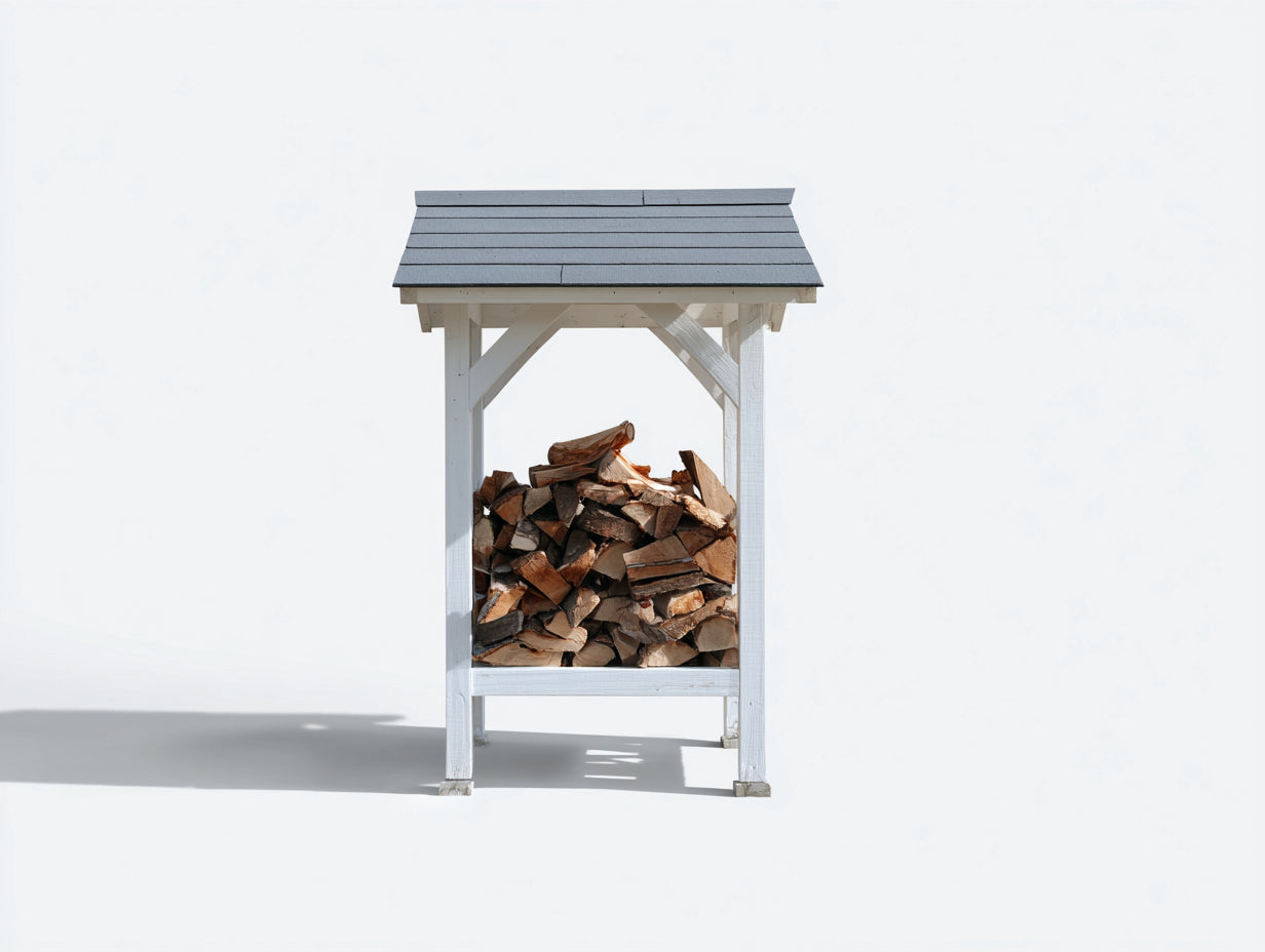 Leñero de jardín de madera 100 x 60 x 175 cm - blanco y gris - estructura elevada con techo a dos aguas