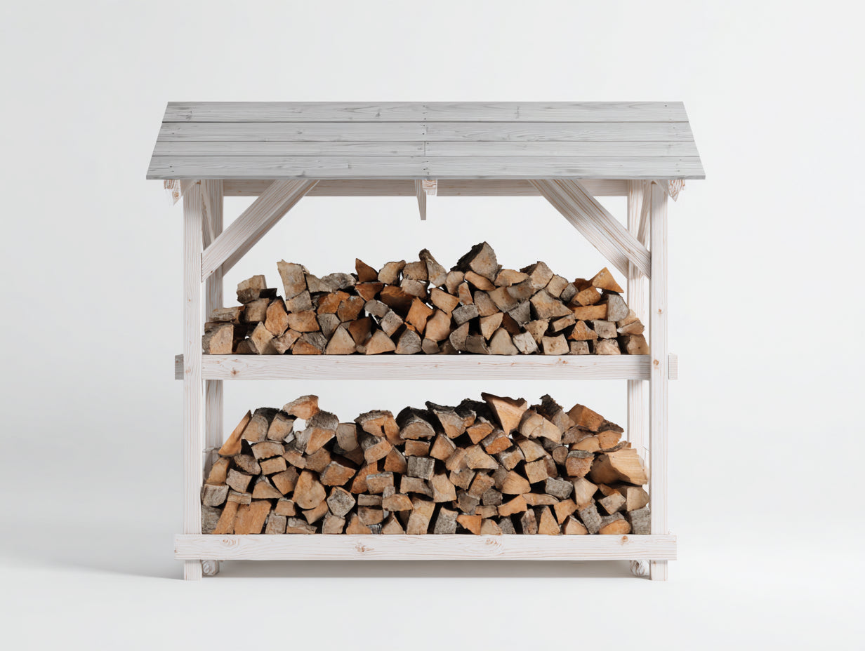 Leñero de jardín de madera 180x60x160 cm - blanco - techo inclinado para exterior