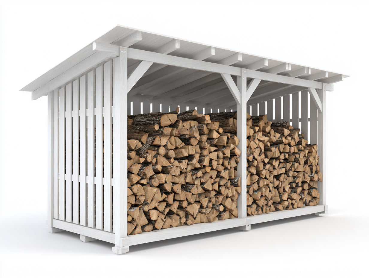 Leñero de jardín de madera 340x110x220 cm - blanco lavado - techo inclinado para exterior