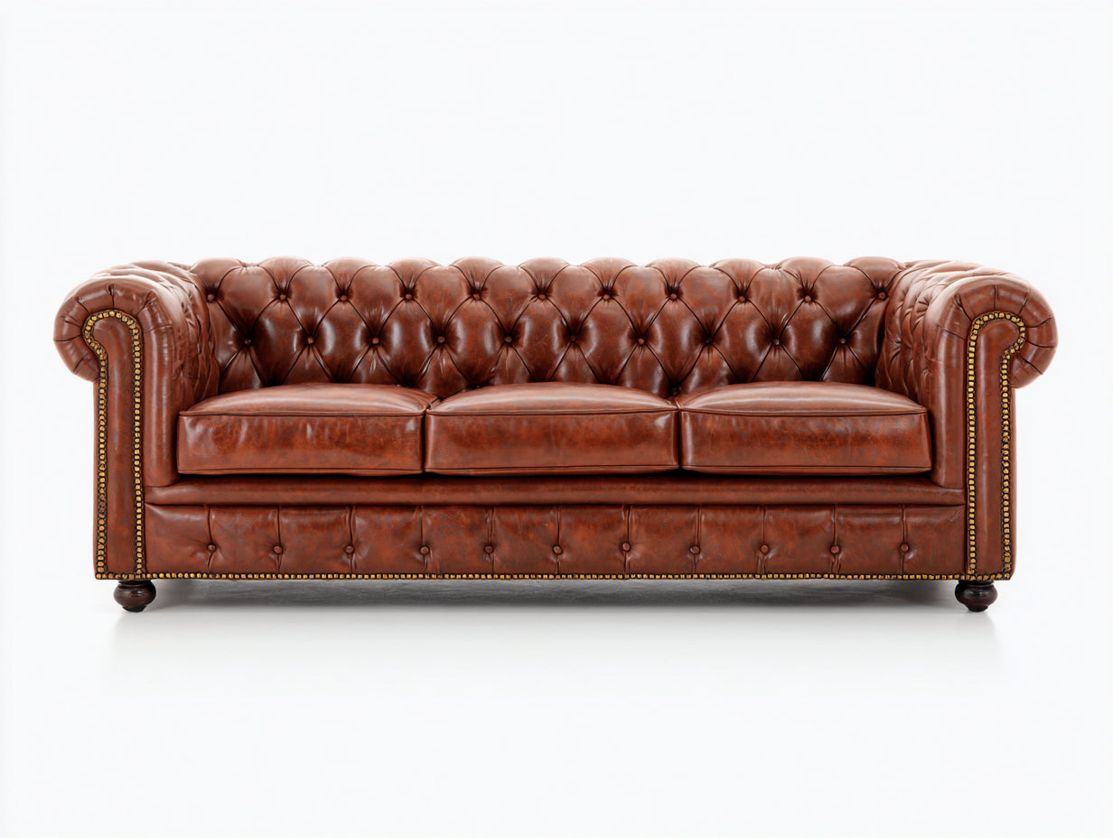 Sofás 3 plazas tapizados efecto piel 225x95x78 cm - marrón coñac-dorado-negro - estilo capitoné