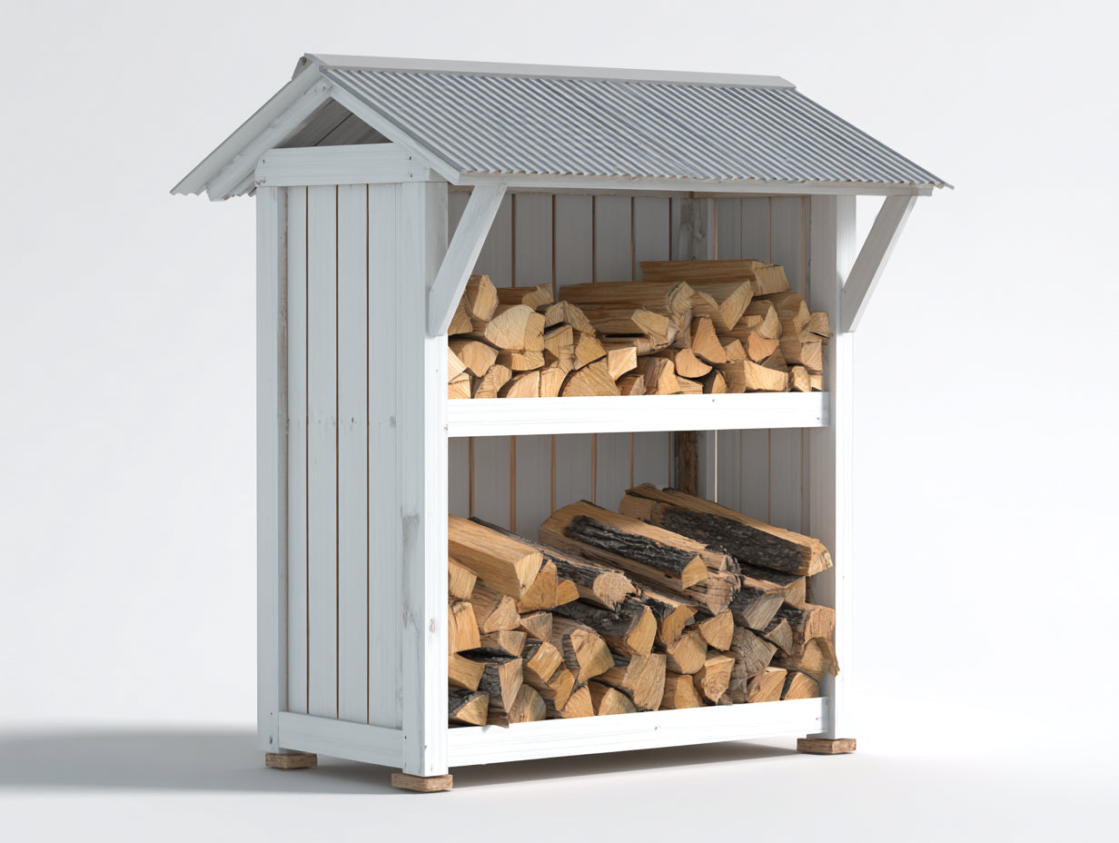 Leñero de jardín de madera con techo metálico 170x70x190 cm - blanco y gris claro - estilo rústico para exterior
