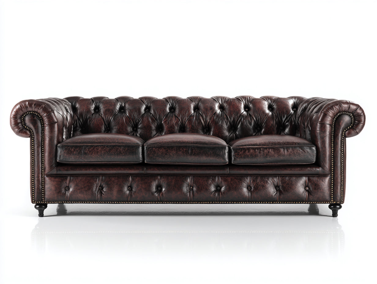 Sofás 3 plazas tapizados en cuero sintético efecto envejecido 230 x 96 x 80 cm - marrón oscuro - estilo Chesterfield con capitoné y brazos enrollados