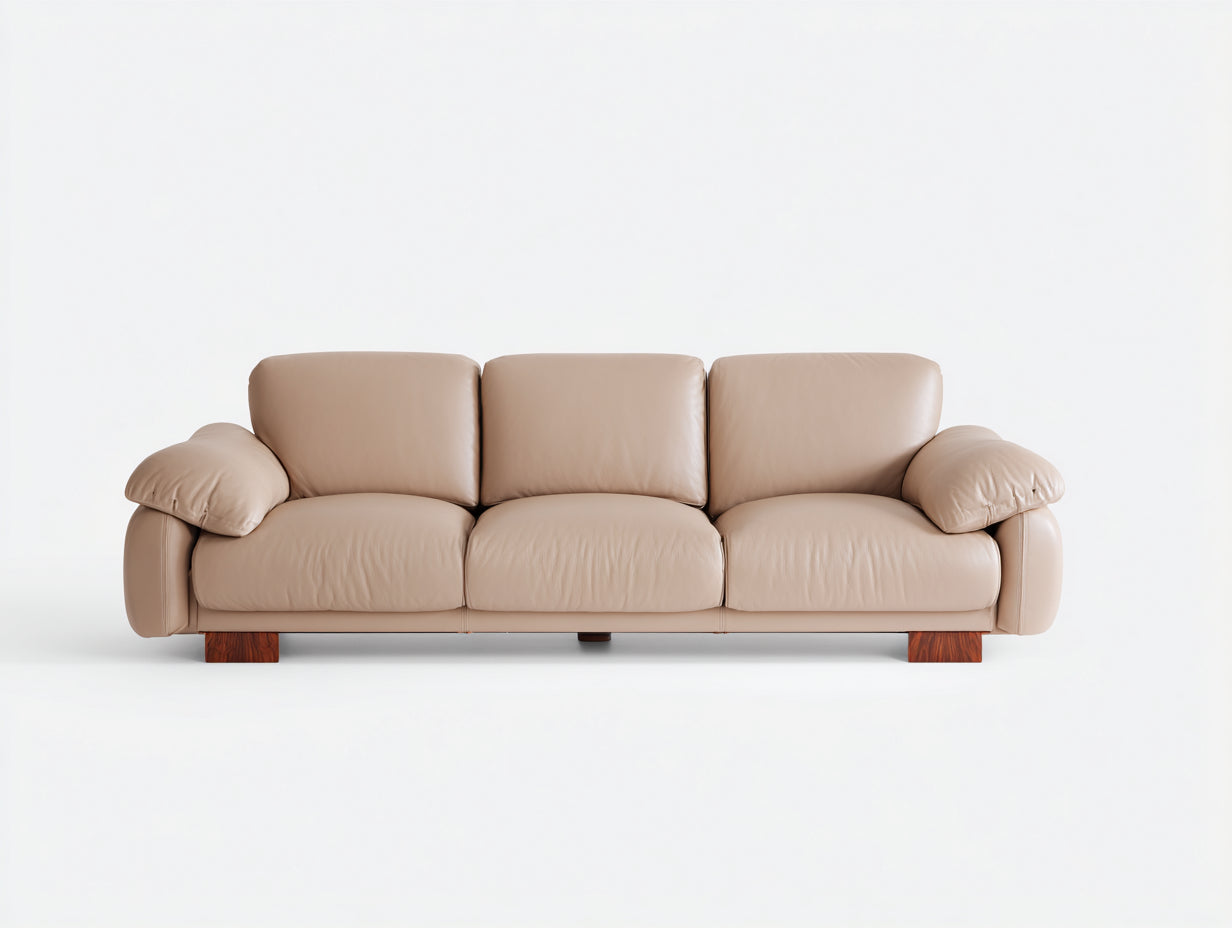 Sofás 3 plazas tapizado efecto cuero 225x96x82 cm - beige madera natural - diseño acolchado para salón