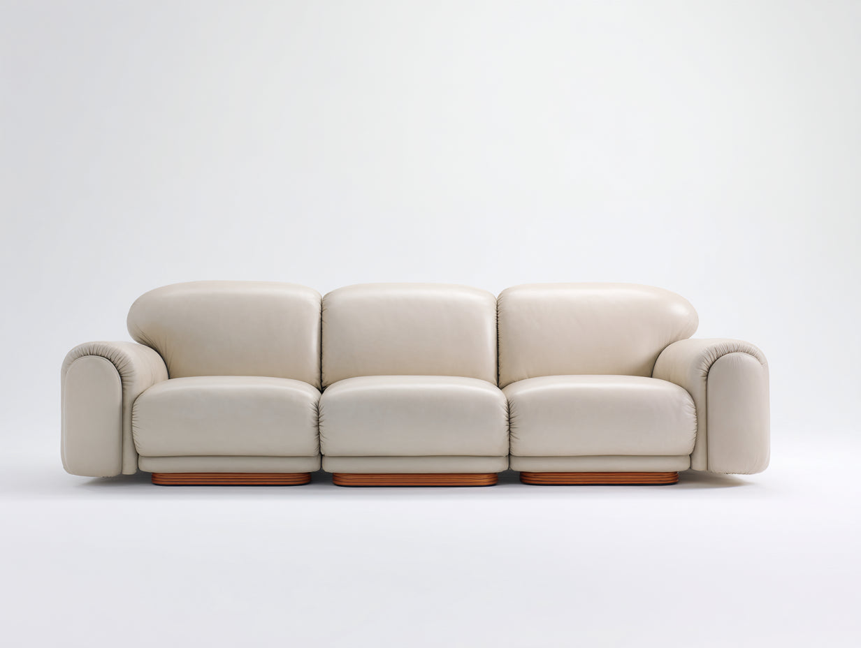 Sofás 3 plazas tapizados efecto piel 230x92x76 cm - crema-madera natural - brazos redondeados